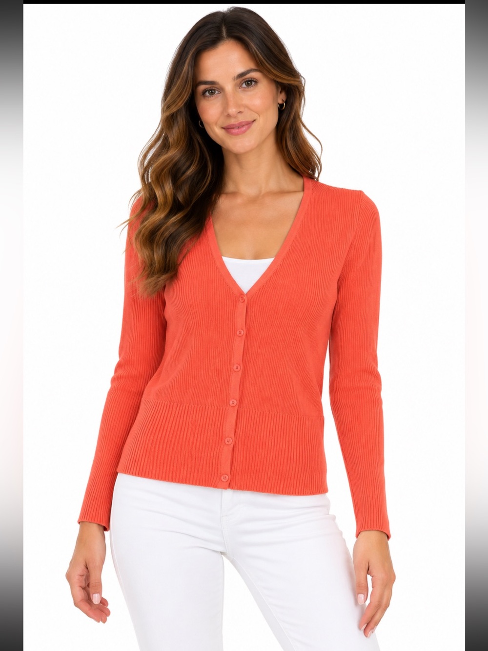 Style & Co Women’s L Coral Ribbed Button Front V Neck Cardigan Sweater